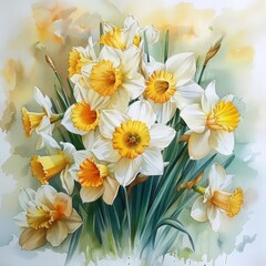 Daffodil bouquet in watercolor, soft and blended hues, delicate and natural, photorealistic