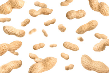 Unpeeled peanuts in air on white background
