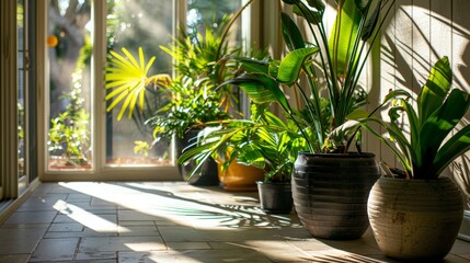 A series of potted tropical plants lined up on a bright, sunlit indoor patio