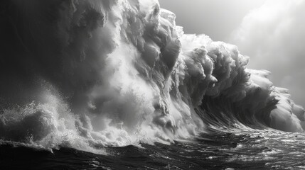 An immense, turbulent ocean wave captured in a dramatic black and white photograph showcasing the...