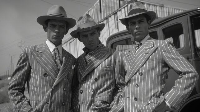 A vintage black and white photograph depicts three men in pinstripe suits and fedora hats, exuding a classic 1940s gangster style beside an antique car