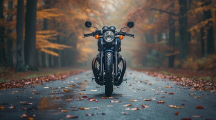 A classic motorcycle parked in the middle of an empty road lined with trees adorned in autumn foliage during the early morning