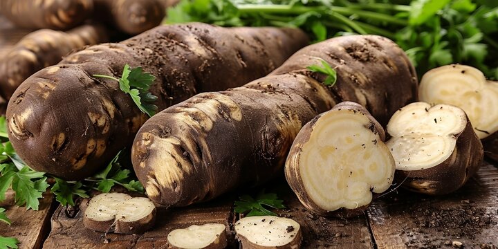 A freshly harvested bunch of salsify roots, including whole and sliced pieces, displayed on a rustic wooden table with scattered parsley leaves