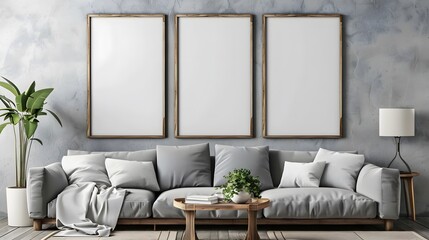 3 Blank poster wooden mock up frames on the wall in living room interior