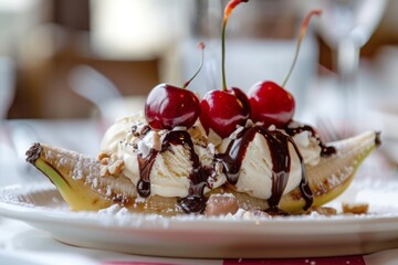 Banana Split with Ice Cream and Cherries