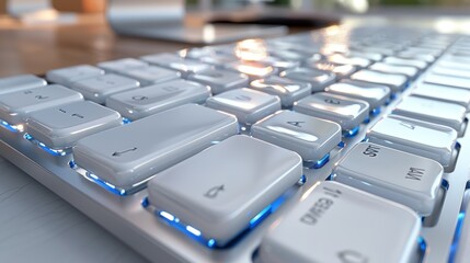 A close-up shot of a sleek white computer keyboard with illuminated blue lights, showcasing its elegant design and highlighting the modern technology in a workspace