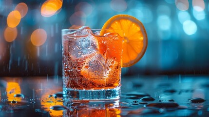 A refreshing, beautifully composed cocktail with ice and an orange slice garnish, captured in a vibrant, colorful setting with bokeh lighting and rain effects