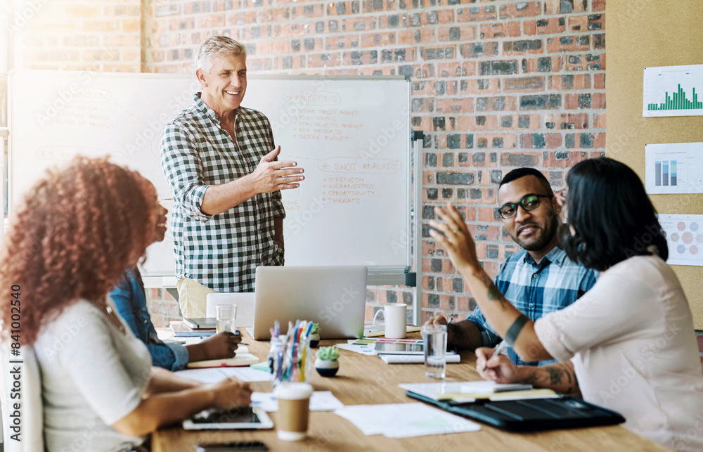 Canvas Prints Business people, raised hand and questions in meeting at startup for brainstorming with group. Teamwork, discussion and happy with feedback, review and presentation with diversity at creative agency