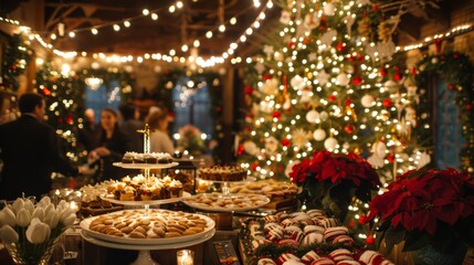 A festive holiday party with a beautifully decorated Christmas tree, twinkling lights, garlands, and guests in cheerful holiday attire enjoying seasonal treats
