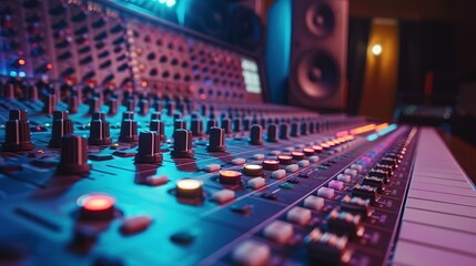 Fototapeta premium colorful music audio mixing board in closeup of a recording, audio track background in a dark recording, industrial machinery aesthetics, multimedia, selective focus, brightly colored