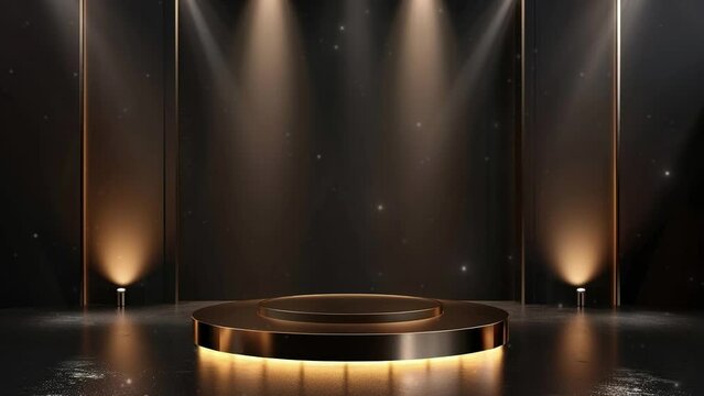 Empty round platform podium luxury for cosmetic products. Black, dark and gold luxury empty podium background. Premium modern round showcase on elegant mockup. Luxury minimalist mockup. 4K Videos 