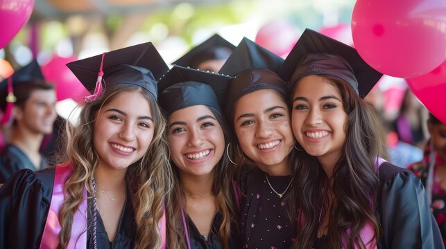 A graduation party with congratulatory banners, caps and gowns, a photo booth with props, and guests celebrating the achievements of the graduates