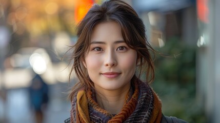 Obraz premium Portrait of a young woman with a serene expression, standing outdoors in an urban setting with a blurred background that includes people and buildings