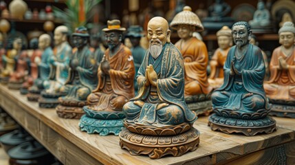 Fototapeta premium Artfully crafted statues of monks in vibrant colors and intricate detailing, displayed on a wooden shelf in a spiritual or cultural setting