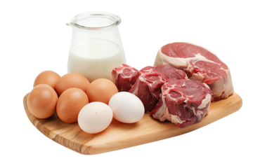 beef, chicken meat, milk, chicken eggs, side by side, livestock food and protein sources isolated on transparent background