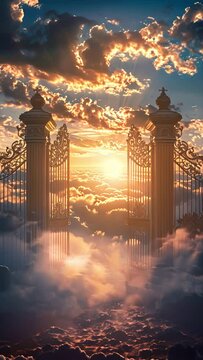 Pushing towards the pearly gates of heaven with the sun setting in the distance above the clouds. 4k video in smart phone 9:16 aspect ratio for prayer meme.