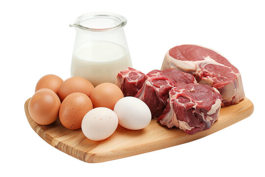 beef, chicken meat, milk, chicken eggs, side by side, livestock food and protein sources isolated on transparent background