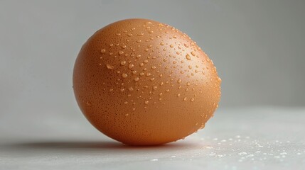 Close-up image of a brown chicken egg with water droplets on its surface, placed against a softly lit, neutral background highlighting texture and form