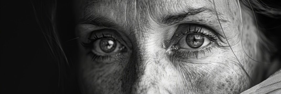 An intimate black and white close-up portrait of a person's eyes and face revealing deep emotion and intricate facial details with dramatic lighting