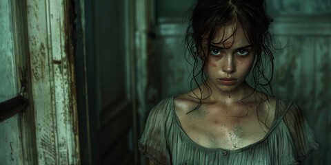 A young woman with intense eyes stands in a dimly lit, aged room, looking determined and slightly distressed, with wet hair and a disheveled appearance