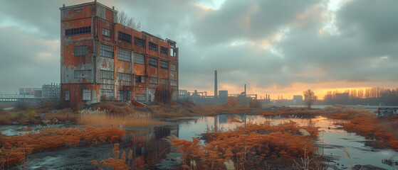 Fototapeta premium realistic photography of a big destroyed cyberpunk industrial complex created with Generative AI technology