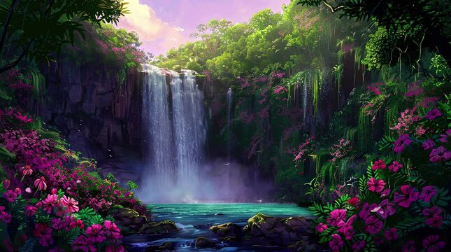 Majestic waterfall cascading in a glowing enchanted forest during twilight
 Seamless looping 4k time-lapse virtual video animation background. Generated AI