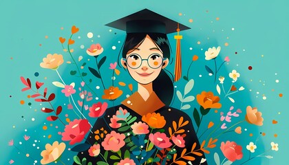 Graduation celebration vector art, graduate holding a bouquet of flowers, cheerful and colorful