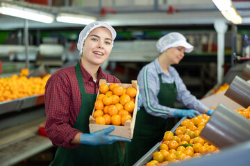 Portrait of cheerful young girl worker standing with box of selected tangerines at fruit sorting factory © JackF