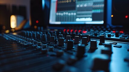 Obraz premium colorful music audio mixing board in closeup of a recording, audio track background in a dark recording, industrial machinery aesthetics, multimedia, selective focus, brightly colored