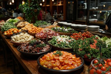 Obraz premium A vibrant and colorful buffet table loaded with a variety of fresh and appetizing food items including vegetables, salads, meats, and fruits in a well-lit restaurant setting