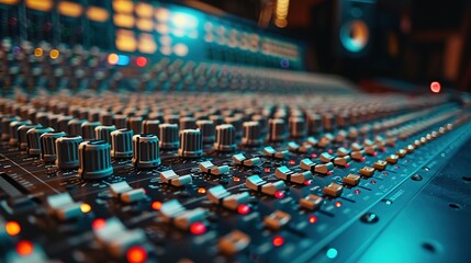 colorful music audio mixing board in closeup of a recording, audio track background in a dark recording, industrial machinery aesthetics, multimedia, selective focus, brightly colored