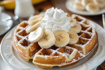 Belgian Waffle with Banana Slices and Whipped Cream for Breakfast or Brunch