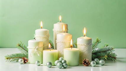 Christmas still life with candle and decorations. Generative AI	