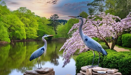 durham nc 3 22 2024 photo of two blue heron sculptures by water surrounded by flowering trees and...