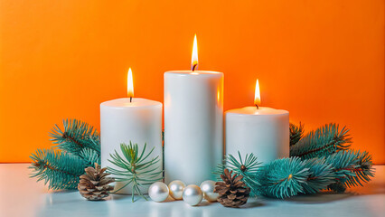 Christmas still life with candle and decorations. Generative AI	