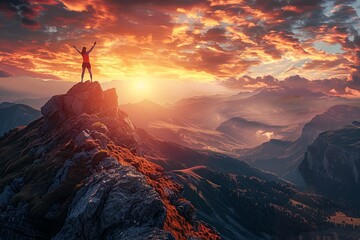 A lone figure stands on a mountain peak, arms raised in victory, as the sun rises over the expansive landscape. Generative AI