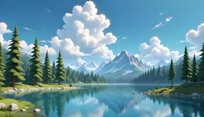 A scenic landscape of a forested mountain range with a calm lake at the base, the water perfectly reflecting the blue sky and fluffy white clouds above.