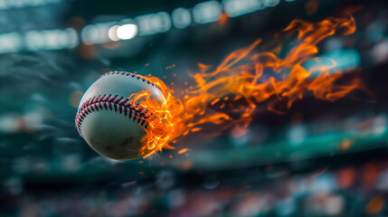 Close-up photo of a baseball ball on fire flying on the air on a baseball stadium 