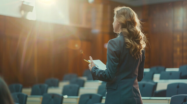 Motivational Speaker Rehearsing Presentation in Empty Theater Room. Spokesperson practicing alone before giving a public presentation