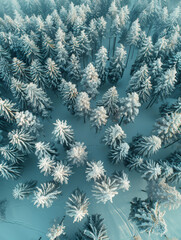 This image offers a bird's-eye view of a wintry forest created with Generative AI technology