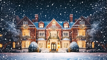 Naklejka premium Christmas in the countryside manor, English country house mansion decorated for holidays on a snowy winter evening with snow and holiday lights, Merry Christmas and Happy Holidays design
