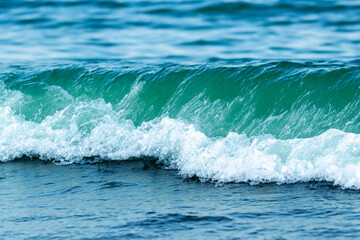 Fototapeta premium Blue and Green Ocean Waves with White Foam on Beach in Summer