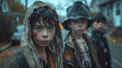 Fototapeta premium Three junior high school boys in Halloween costumes created with Generative AI technology