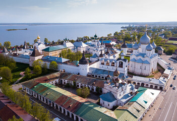 Aerial view of district of Rostov-on-don on riverside with church, Russia