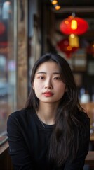 Obraz premium A woman with long black hair is sitting in a restaurant