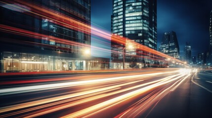 Obraz premium Light trails on the modern building background. Light trails at night in urban environment, Abstract Motion Blur City, traffic, transportation, street, road, speed