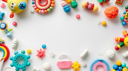 Playful Baby Kids Toys Frame with Colorful Wooden and Fluffy Educational Toys on White Background, Top View Flat Lay with Copy Space for Text - Illustration