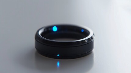 A close-up shot of a black smart ring with blue lights on a white surface.