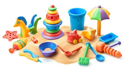 Obraz premium Colorful Sandbox Toys - Playful Illustration in Bright Shades Against White Background