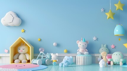 Obraz premium Playful Children's Furniture and Toys in 3D Render on Blue Gradient Background - Fun Toy Illustration for Kids' Room Decor